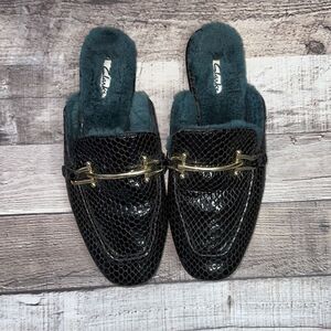 Clarks Pure 2 Mule Black Leather Gold Bit Shearling Slip On Slides Slippers | Si